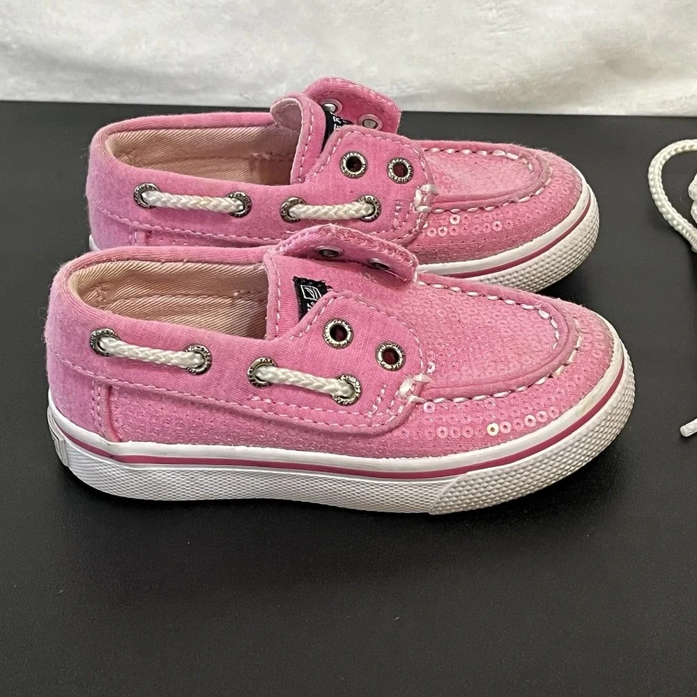 Sperry Topsider Size 6M Girls Boat Shoes Bahama Pink Sequin Toddler Slip On Tie